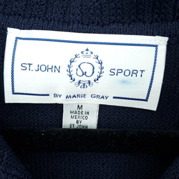St. John Sport Santana Knit Short Sleeve Embroidered Polo M Navy/Gold Buttons - Picture 3 of 16